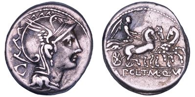 MANLIA, Denario con testa di Roma e Vittoria su triga, 111/110 a.C.