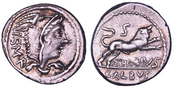THORIA. L. Thorius Balbus, 105 a.C. Denario.