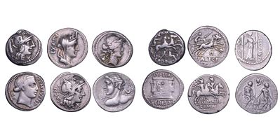 REPUBBLICA ROMANA, Lotto di sei denari in argento del II e I secolo a.C.