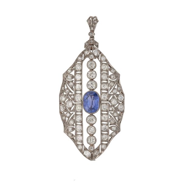 Old-cut diamond, sapphire and platinum pendent/brooch