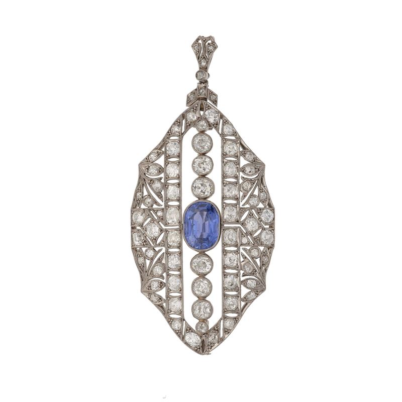 Old-cut diamond, sapphire and platinum pendent/brooch  - Auction Fine Jewellery - Cambi Casa d'Aste