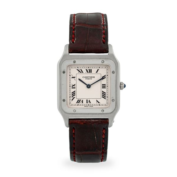 Cartier - Raro Santos Dumont Collection Privée ref. 1575 in platino, quadrante argentè Guillochè con numeri Romani e minuteria Chemin de Fer, con scatola e garanzia, circa 1997