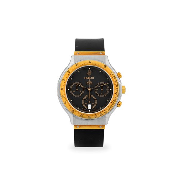 MDM Chronograph ref. 1620.2 in acciaio e oro giallo, quadrante nero con contatori dorati e datario al sei, con scatola e garanzia, circa 1980