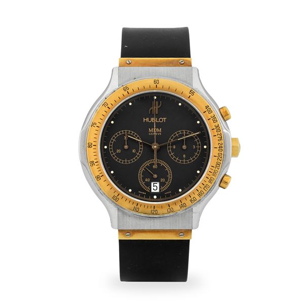 HUBLOT - MDM Chronograph ref. 1620.2 in acciaio e oro giallo, quadrante nero con contatori dorati e datario al sei, con scatola e garanzia, circa 1980