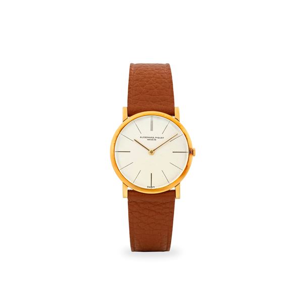 Extrapiatto ref. 5043 in oro giallo 18k, quadrante bianco con indici dorati, con scatola, garanzia e vetro di ricambio, circa 1950
