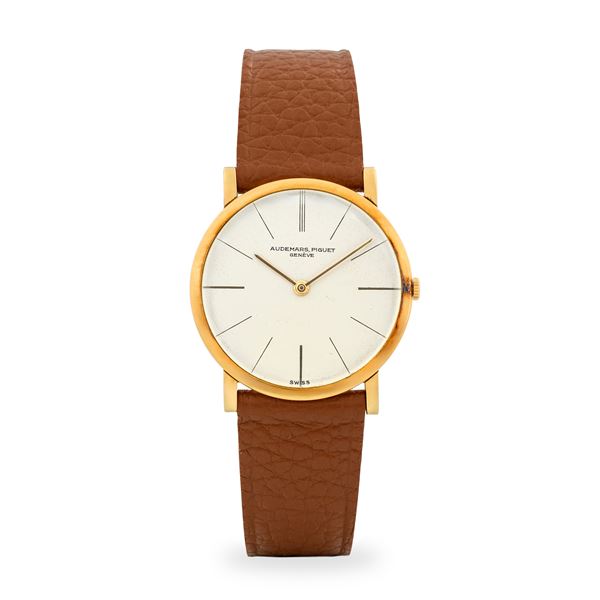 Audemars Piguet - Extrapiatto ref. 5043 in oro giallo 18k, quadrante bianco con indici dorati, con scatola, garanzia e vetro di ricambio, circa 1950