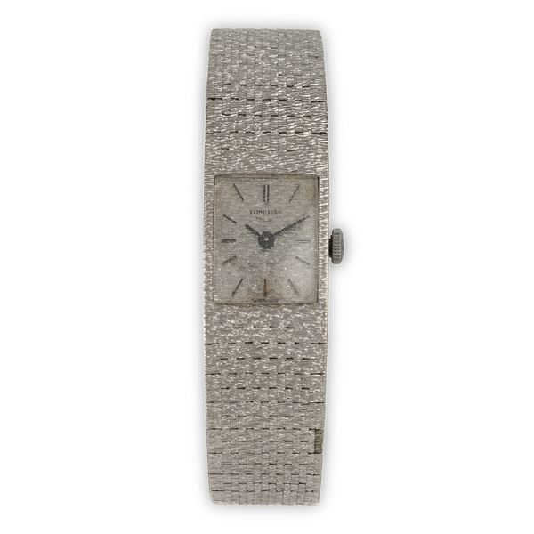 Longines - Lady in oro bianco 18k con bracciale integrato, quadrante argentè lavorato con indici applicati, carica manuale, 16x14 mm, 50,5 g