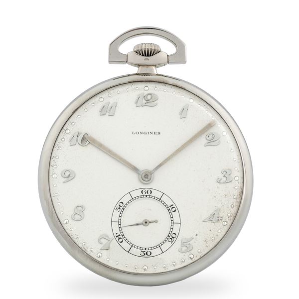 Longines - Orologio da tasca in oro bianco 18k, quadrante argentè con numeri Breguet applicati e piccoli secondi al sei, con scatola originale, circa 1930