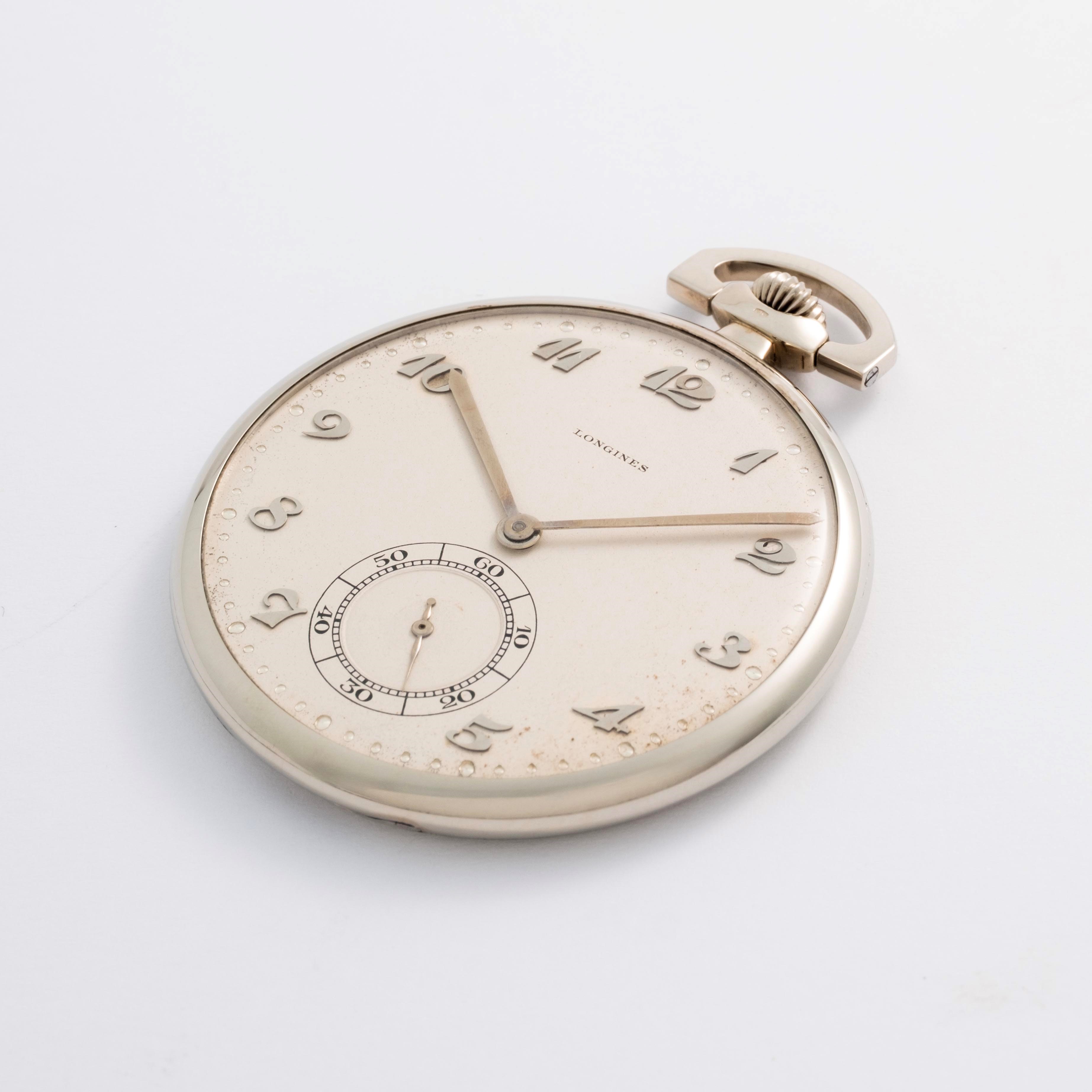 Longines - Orologio da tasca in oro bianco 18k con quadrante argentè e piccoli secondi, circa 193...
