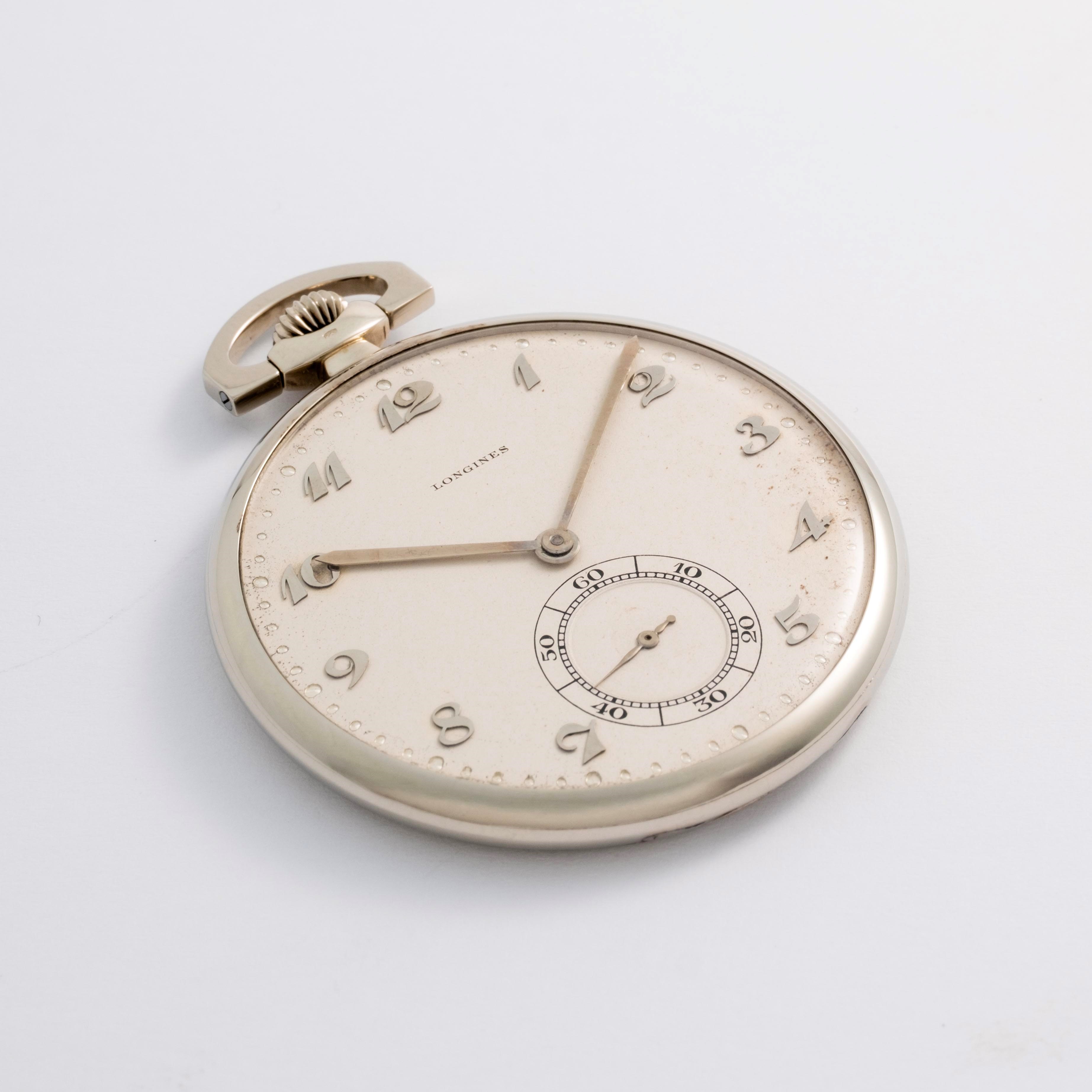 Longines - Orologio da tasca in oro bianco 18k con quadrante argentè e piccoli secondi, circa 193...