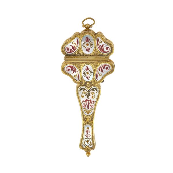 Enamel, mother of pearl and gilded metal etui with scissors