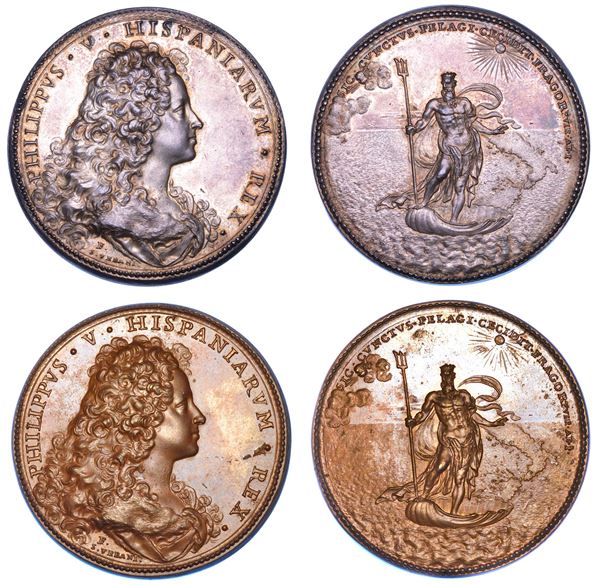 NAPOLI.  FILIPPO V DI SPAGNA, 1701-1707. Dittico di medaglie in argento e bronzo del 1701. Pacificazione delle Due Sicilie.