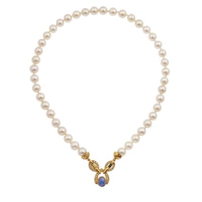 Girocollo con Perle Coltivate, Zaffiro Taglio Cabochon e Piccoli Diamanti