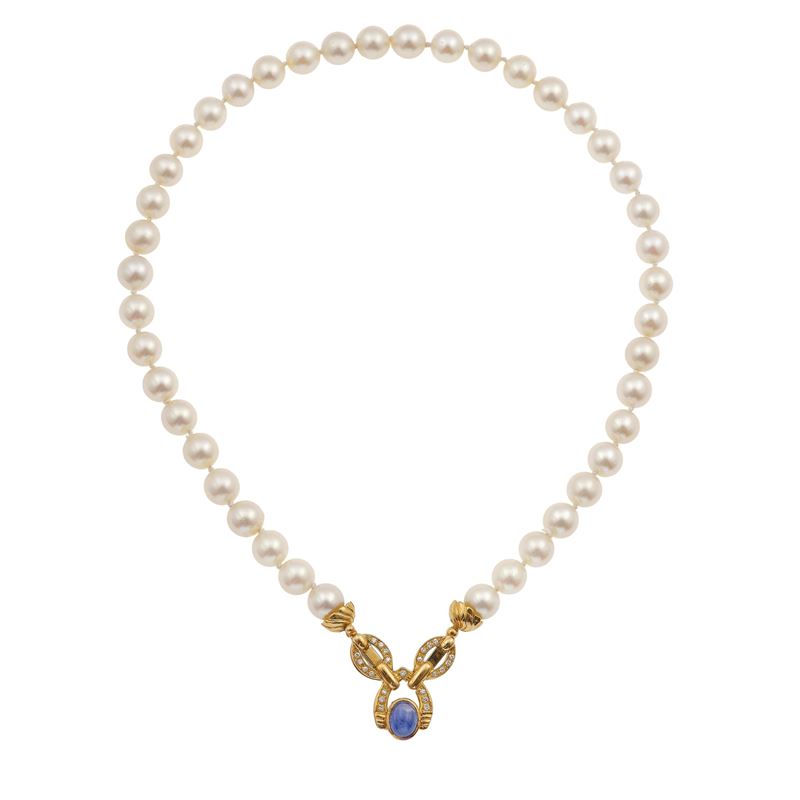 Cultured pearl, sapphire, diamond and gold necklace  - Auction Fine Jewellery - Cambi Casa d'Aste