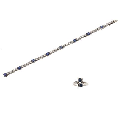 Lotto di gioielli, bracciale e anello in oro bianco 750/1000 con diamanti e zaffiri