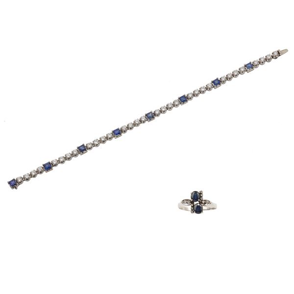 Lotto composto da bracciale e anello con diamanti e zaffiri
