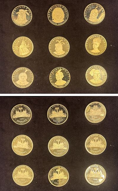 Haiti, Lotto di nove monete in oro commemorative da 100 Gourdes del 1971