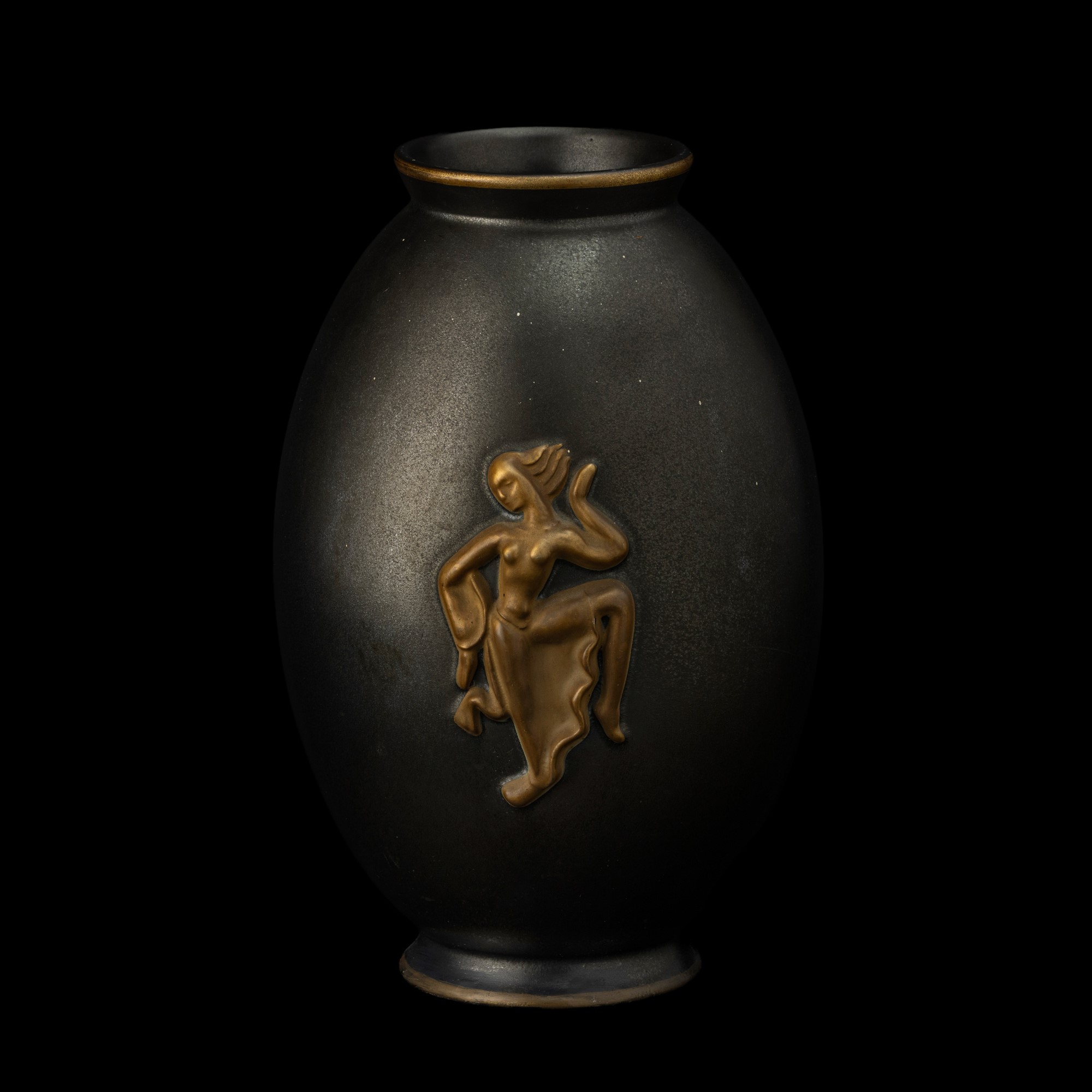 Angelo Biancini - Vaso a uovo con figura danzante in terraglia a colaggio (Laveno, 1938 ca.)