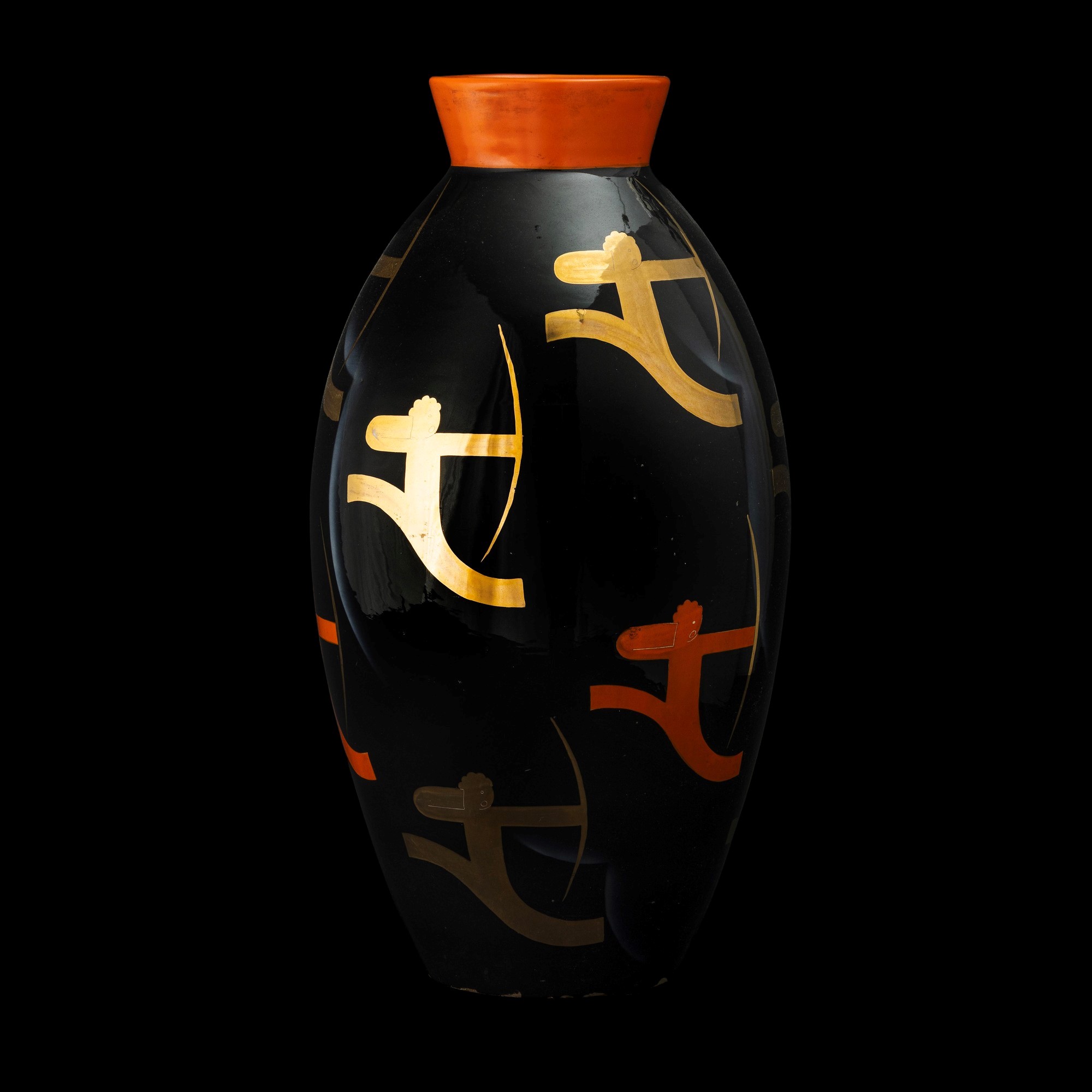 Dante Baldelli - Vaso in terraglia a colaggio con arcieri stilizzati (Umbertide, 1938 ca.)