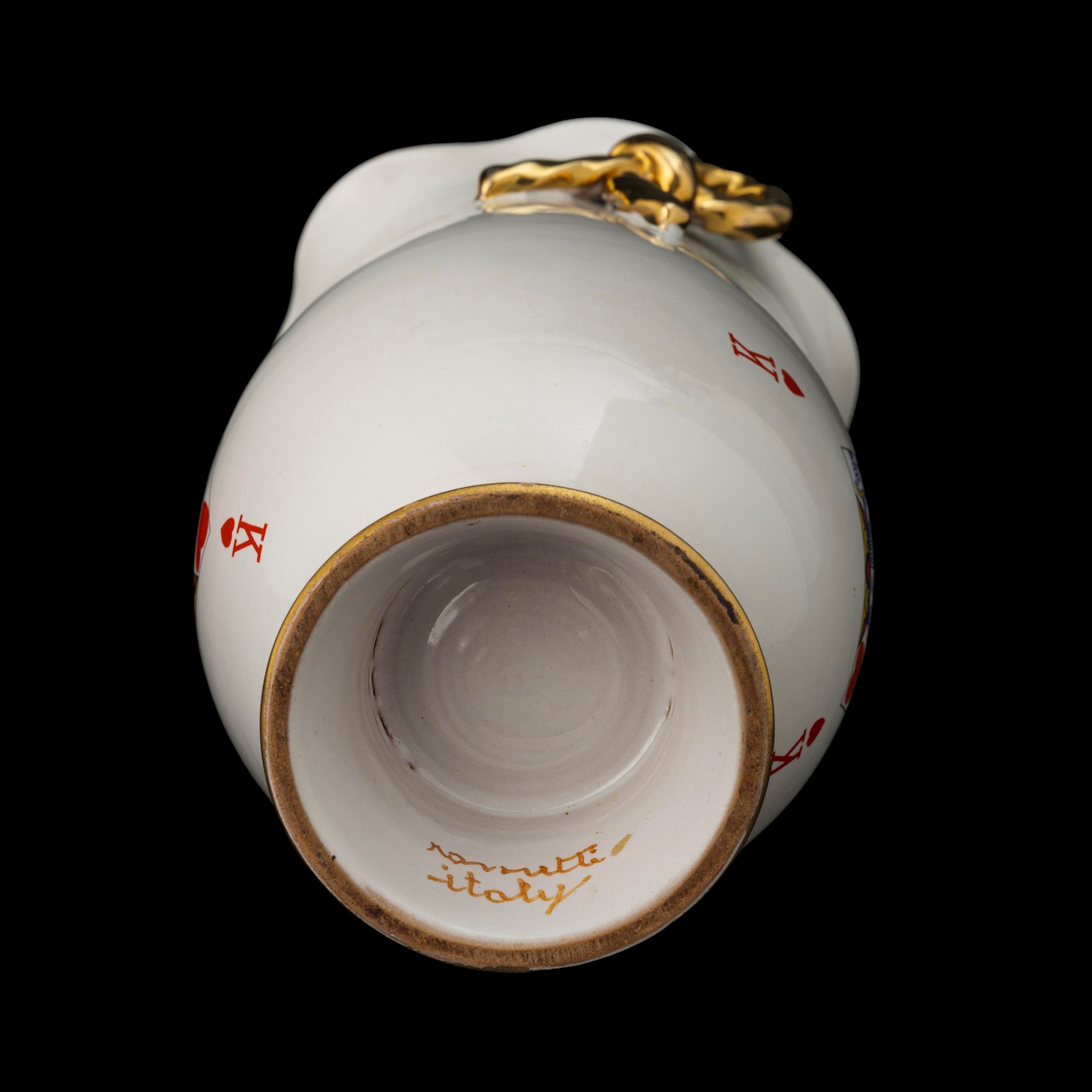 Rometti, Umbertide, Piccolo vaso in terraglia con decoro a carte da gioco, 1940 ca.