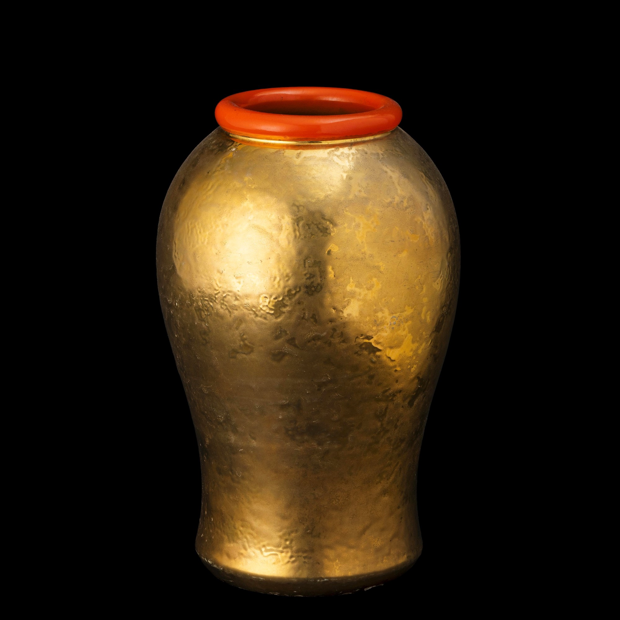 Rometti, Vaso a balaustro in terraglia con doratura a rilievo, bocca arancione, 1940 ca