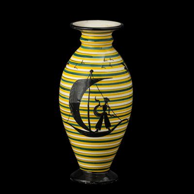 Rometti, Vaso in ceramica con decoro policromo su fondo a fasce orizzontali