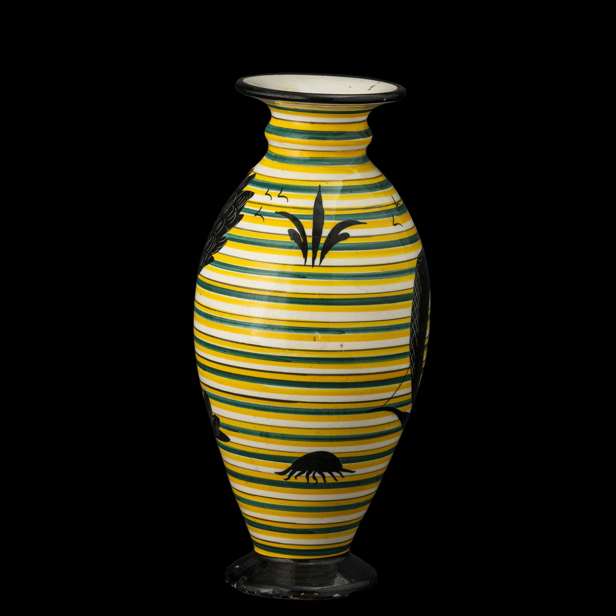 Rometti, Vaso in ceramica con decoro policromo su fondo a fasce orizzontali