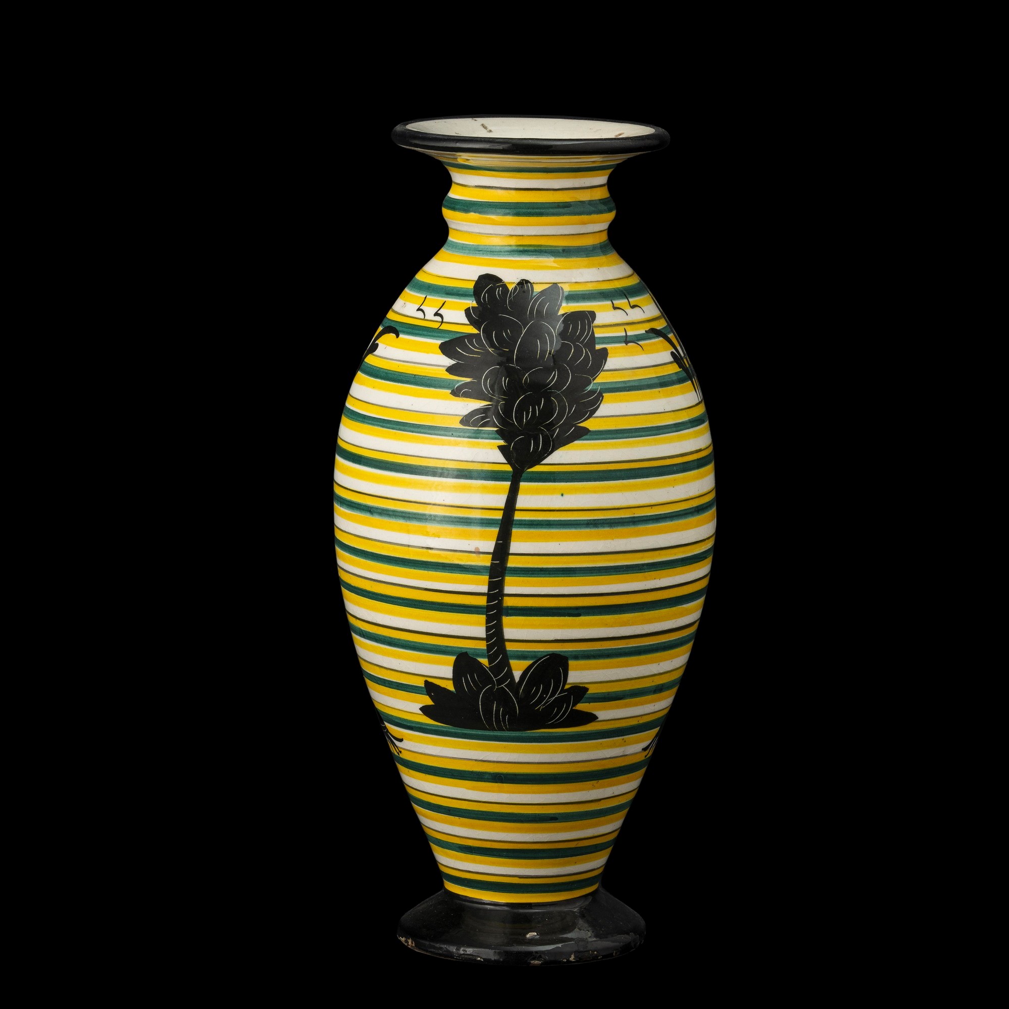 Rometti, Vaso in ceramica con decoro policromo su fondo a fasce orizzontali
