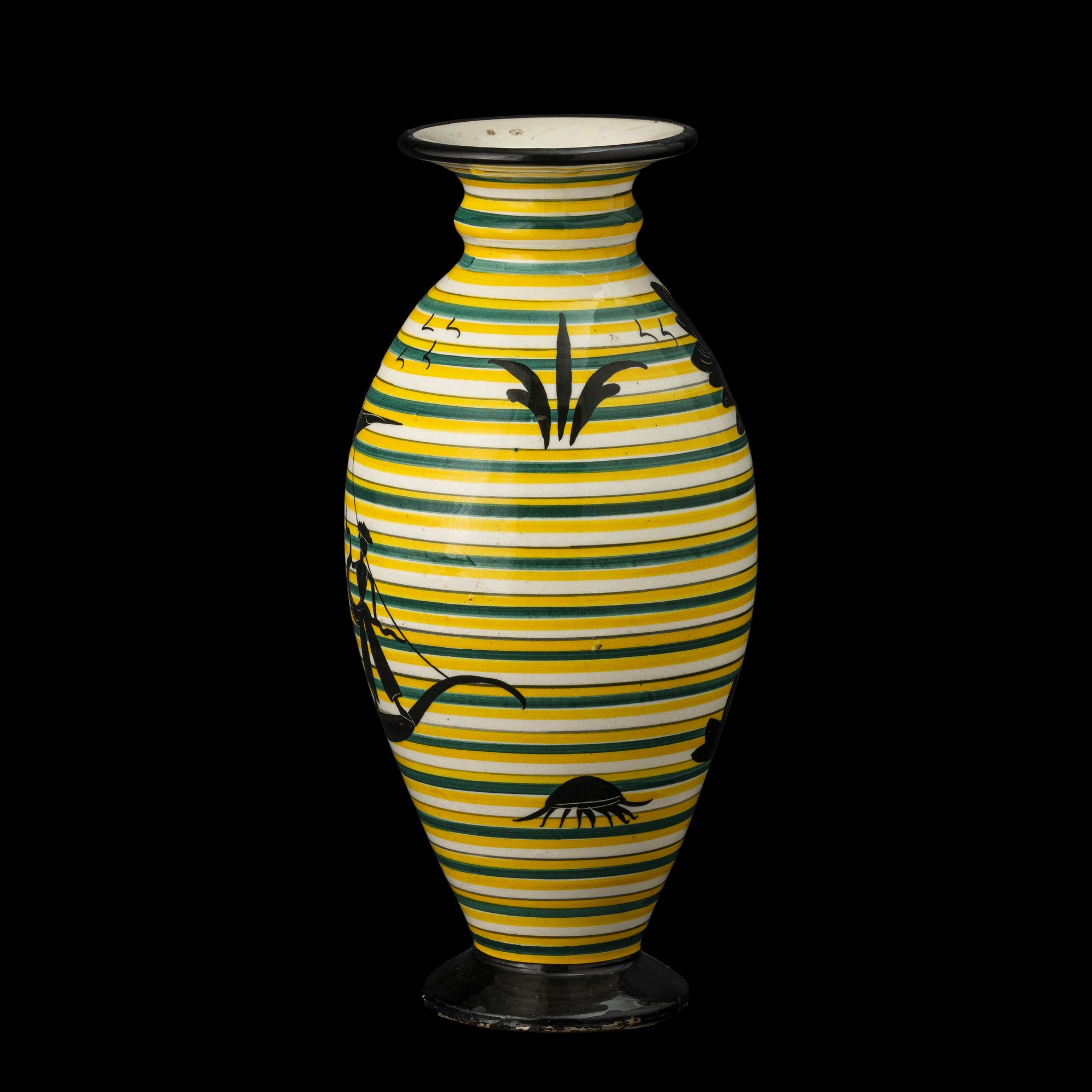 Rometti, Vaso in ceramica con decoro policromo su fondo a fasce orizzontali