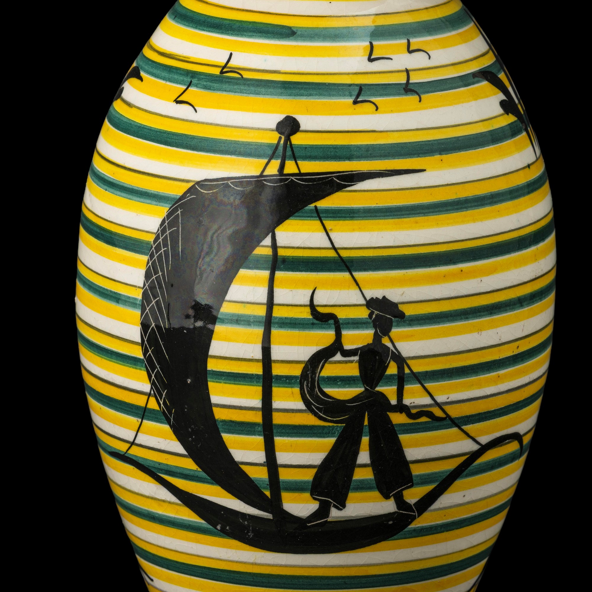 Rometti, Vaso in ceramica con decoro policromo su fondo a fasce orizzontali