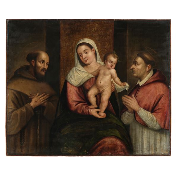 Scuola lombarda del XVII secolo Sacra conversazione con la Vergine, il Bambino, San Francesco e San Carlo Borromeo