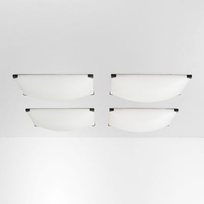 Quattro lampade a plafone, struttura in metallo laccato e diffusori in perspex, produzione italia...