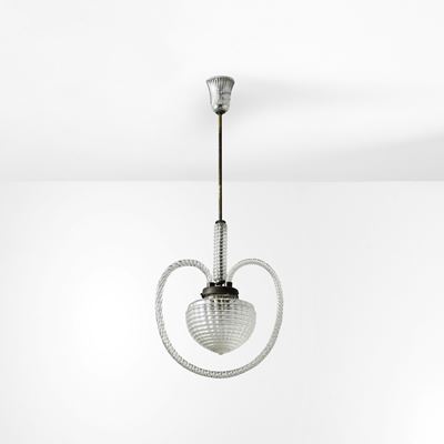 Italia, Lampada a sospensione, struttura in ottone e vetro di Murano