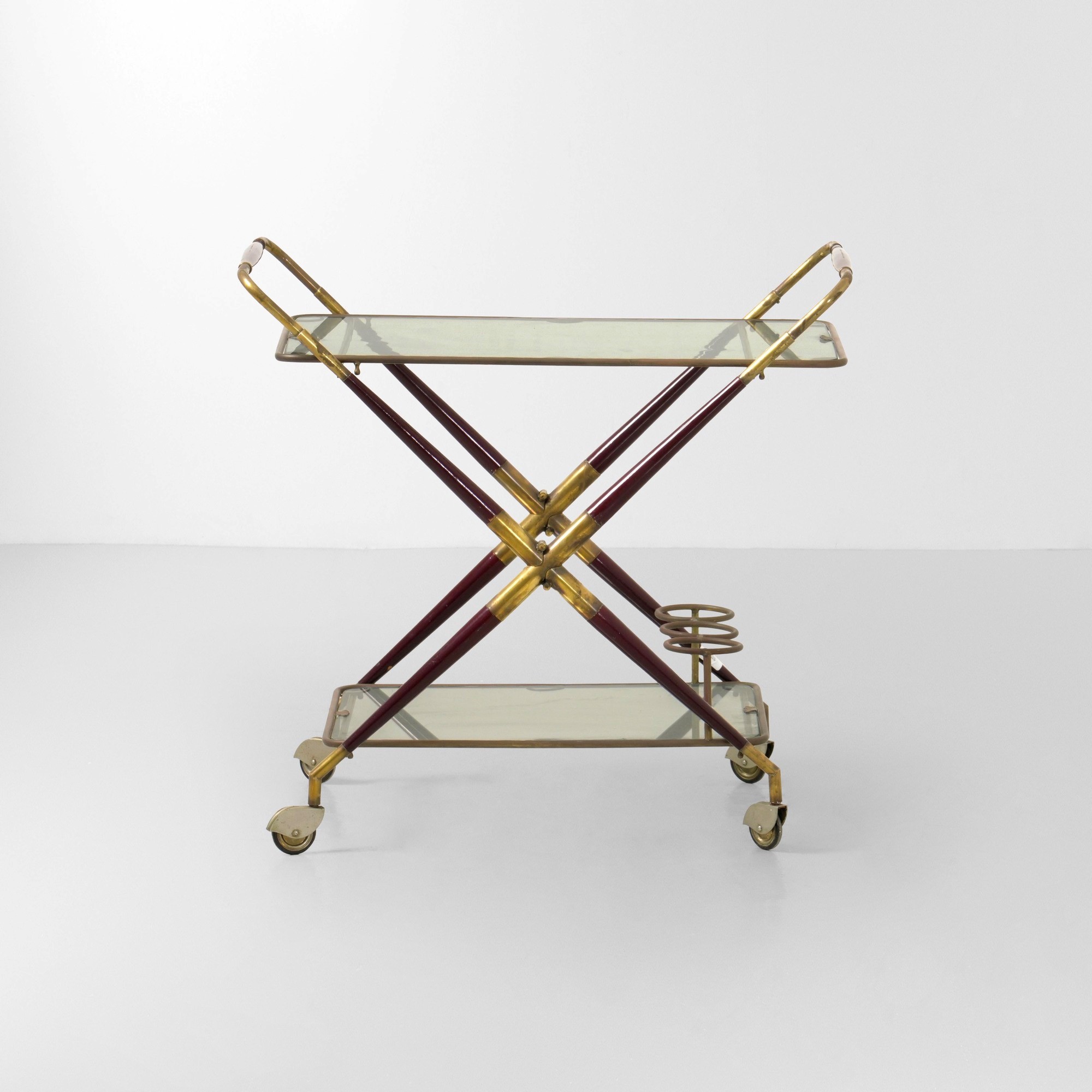 Cesare Lacca - Carrello in stile industriale con piano in vetro molato e particolari in ottone