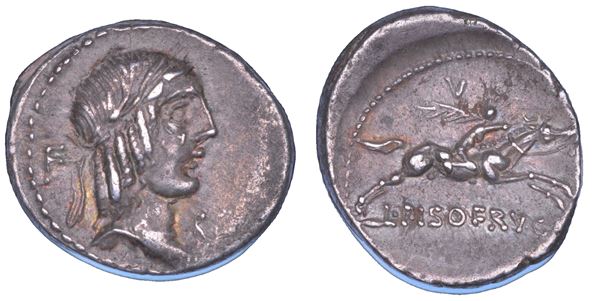 CALPURNIA. L. Calpurnius Piso Frugi, 90 a.C. Denario.