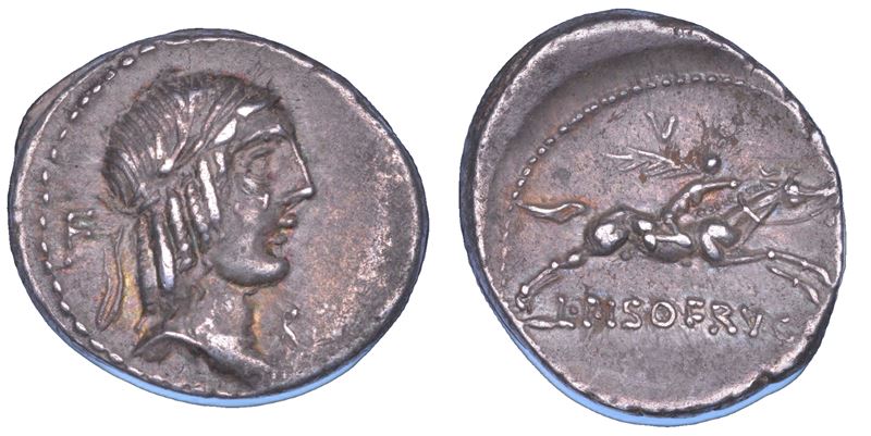 CALPURNIA. L. Calpurnius Piso Frugi, 90 a.C. Denario.