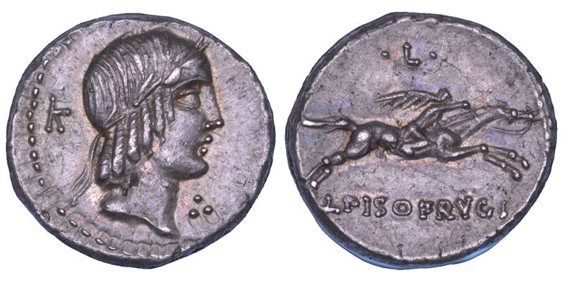 CALPURNIA. L. Calpurnius Piso Frugi, 90 a.C. Denario.