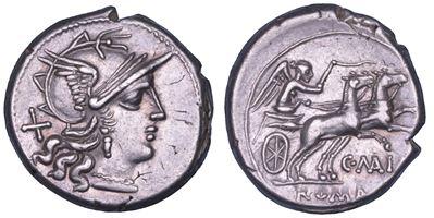 C. Maianius, Denario con testa elamata e Vittoria su biga, 153 a.C.