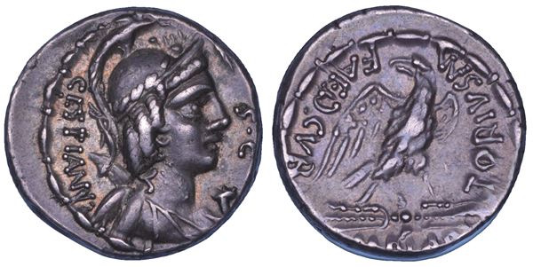 PLAETORIA. M. Plaetorius M.f. Cestianus, 57 a.C. Denario.