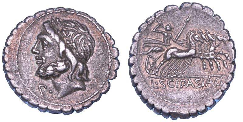CORNELIA. L. Cornelius Scipius Asiaticus, 106 a.C. Denario serrato.