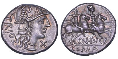 Cn. Lucretius Trio, Lucretia, Denario del 136 a.C., argento, mm. 17,14
