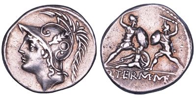 Q. Minucius Thermus, Denario con Testa di Marte e Guerriero in Combattimento, 103 a.C.