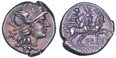 C. Renius, Denario con Testa Elmata di Roma e Giunone, 138 a.C.
