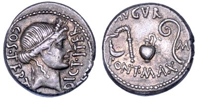 C. GIULIO CESARE, Denario con testa di Cerere e strumenti sacerdotali, 46 a.C.