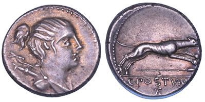 C. Postumius, Denario con Testa di Diana, 73 a.C.