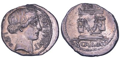 SCRIBONIA, Denario con testa diademata del Bonus Eventus, 62 a.C.