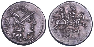 L. Sempronius Pitio, Denario con Testa elmata di Roma e Dioscuri
