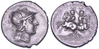 Servilius M.f., Denario con Testa di Roma e Dioscuri