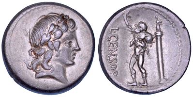 Marcia, Denario con Testa di Apollo e Marsia