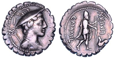 Mamilia, Denario serrato del 82 a.C. con Busto di Mercurio e Ulisse
